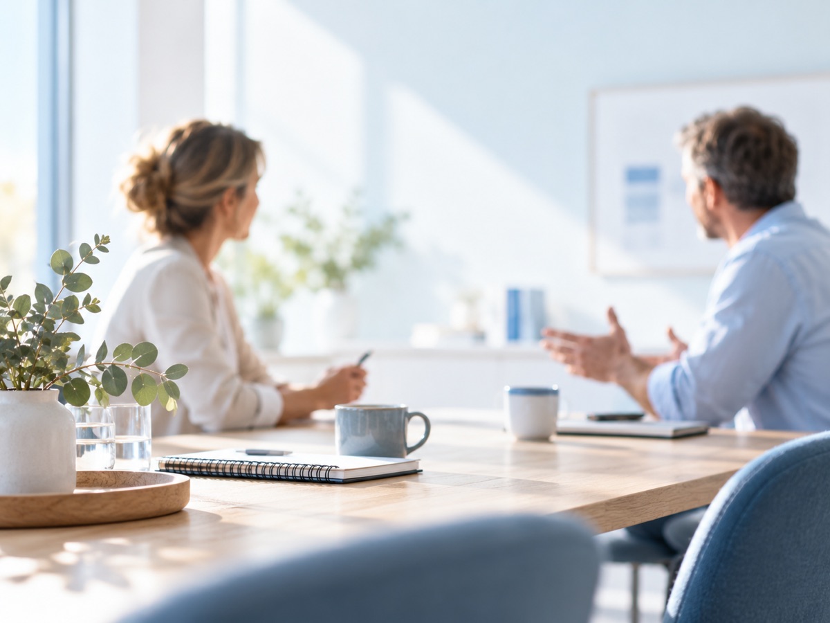 Zwei Personen im Gespräch an einem hellen Besprechungstisch